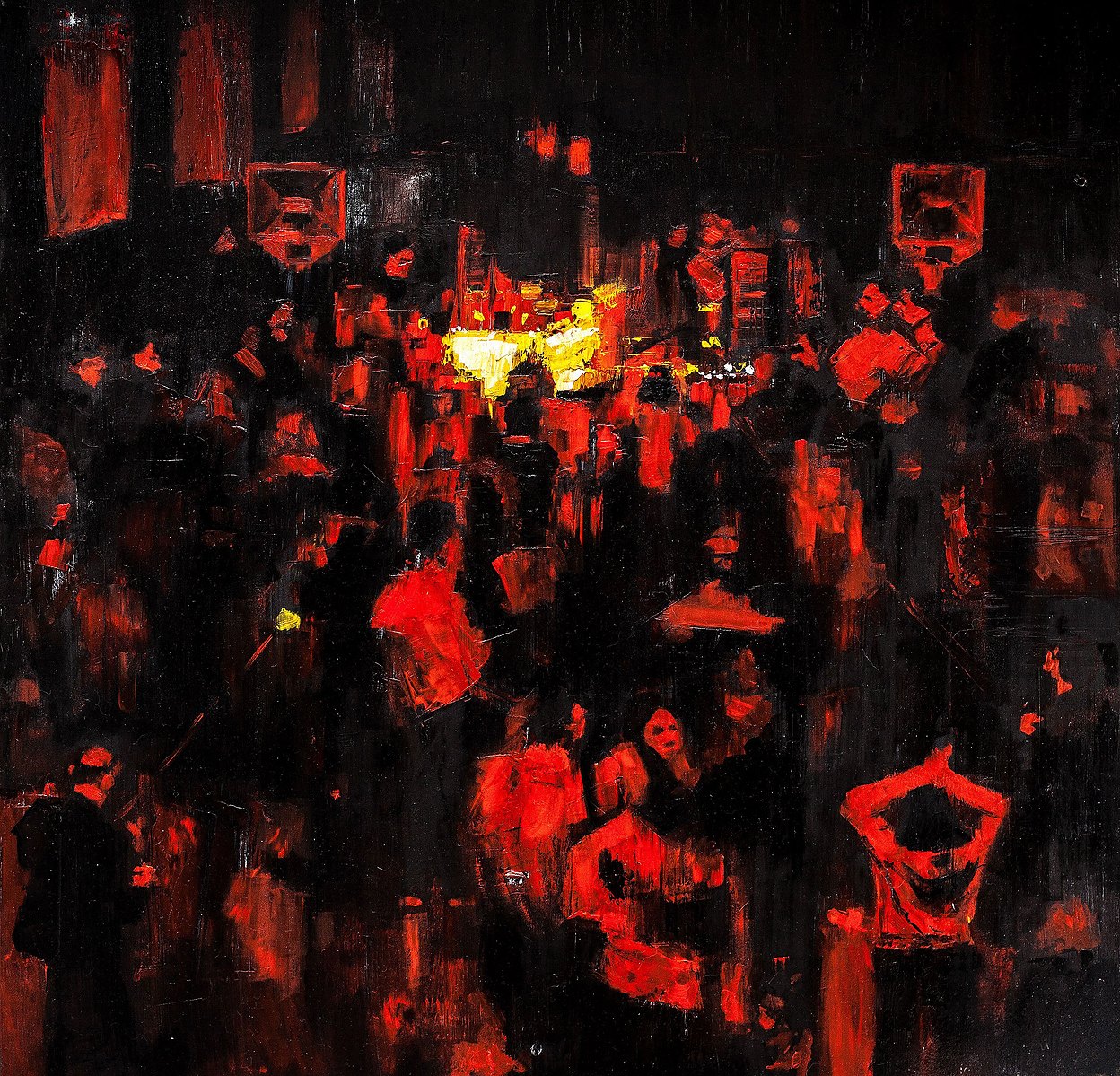 Clubscapes painting: red figures in a dark crowded room